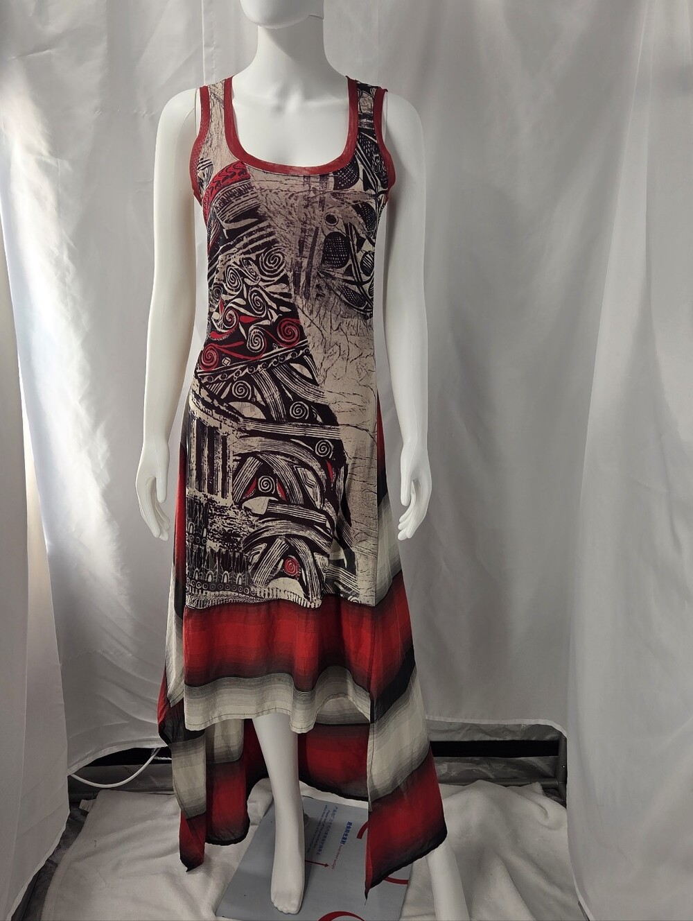 Vintage Save The Queen Mesh Maxi Dress Abstract Art Red Black Graphic M